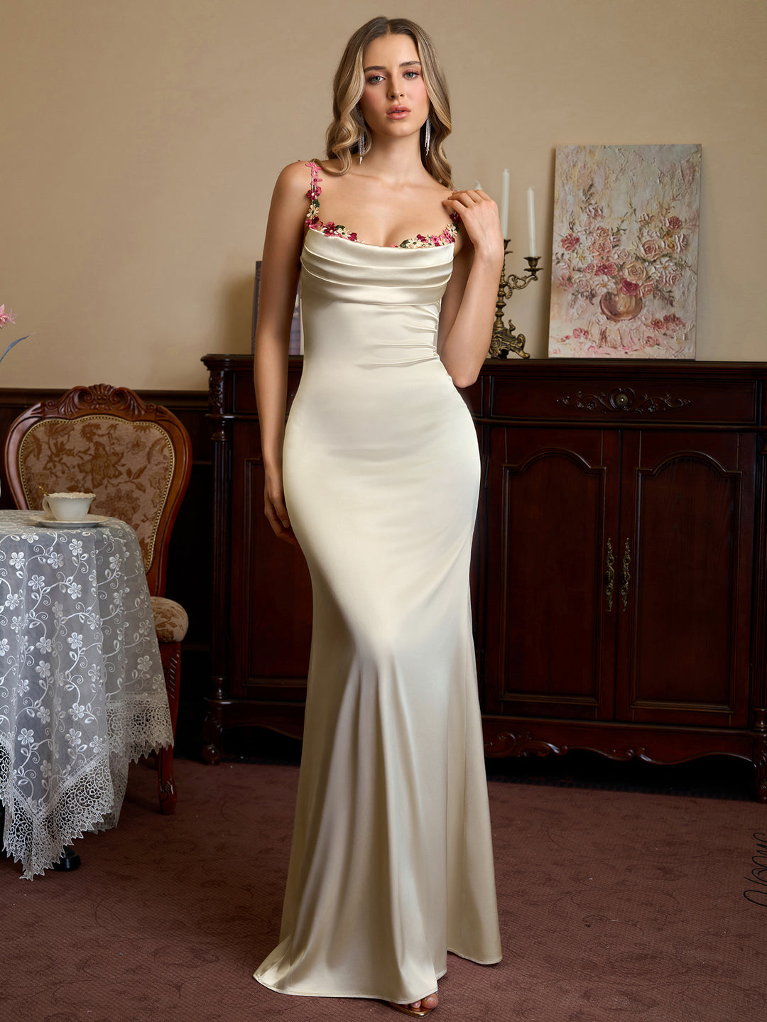 Embellished Strap Tie Back Satin Bodycon Dress#color_ivory