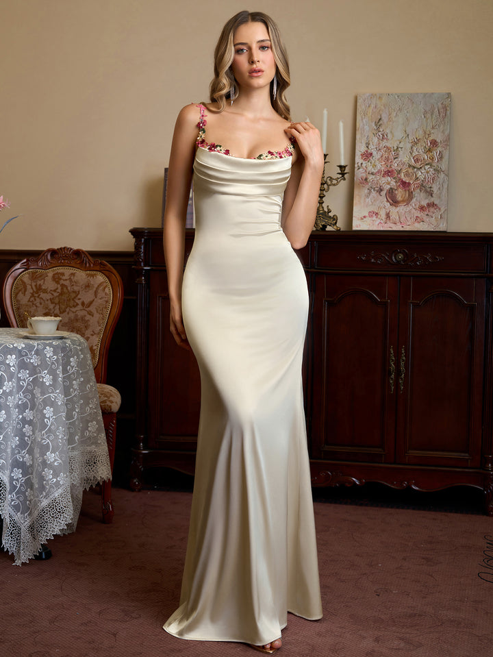 Embellished Strap Tie Back Satin Bodycon Dress#color_ivory
