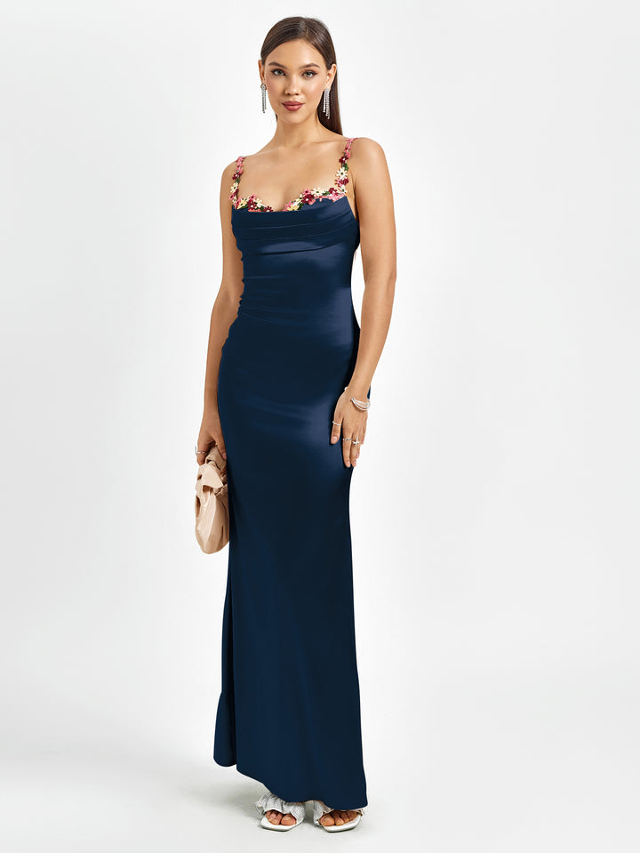Strap Tie Embellished Back Satin Bodycon Dress#color_navy