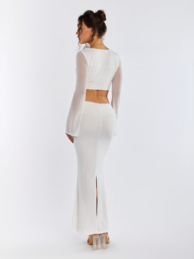 trim embellished mesh crop top&ruched slit bodycon skirt#color_white
