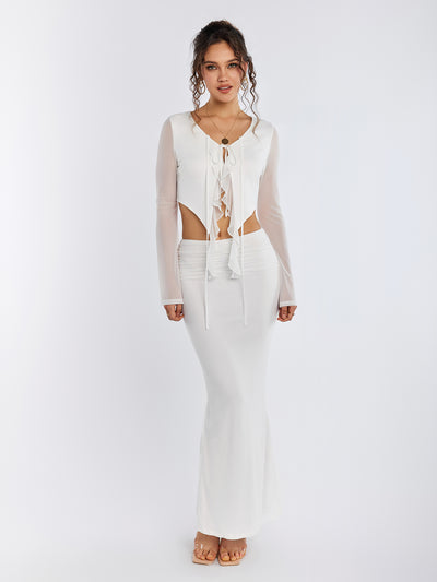 embellished trim mesh crop top&ruched slit bodycon skirt#color_white
