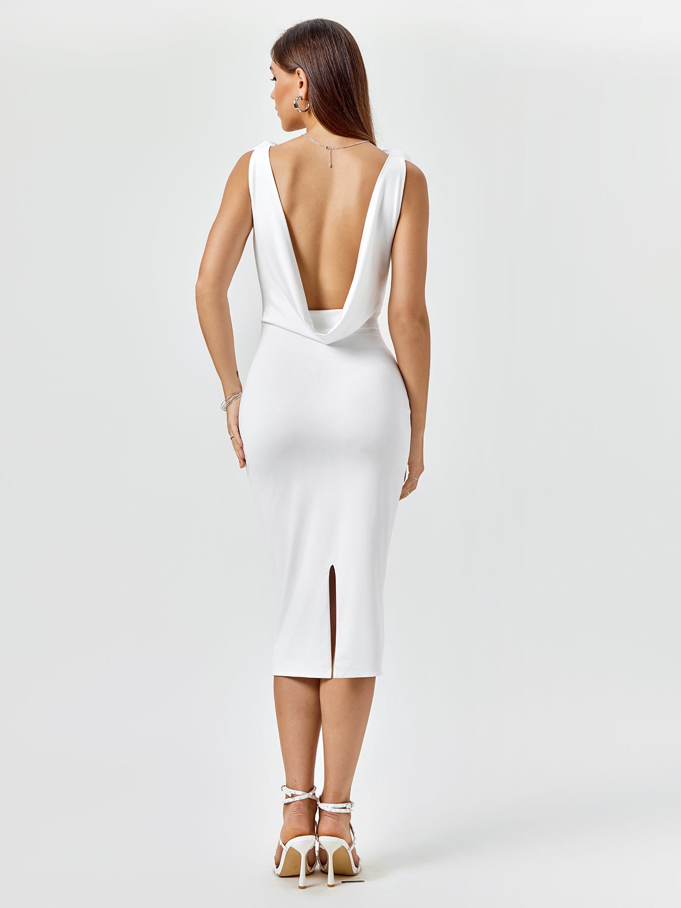 v-neck embellished draped back midi dress#color_white