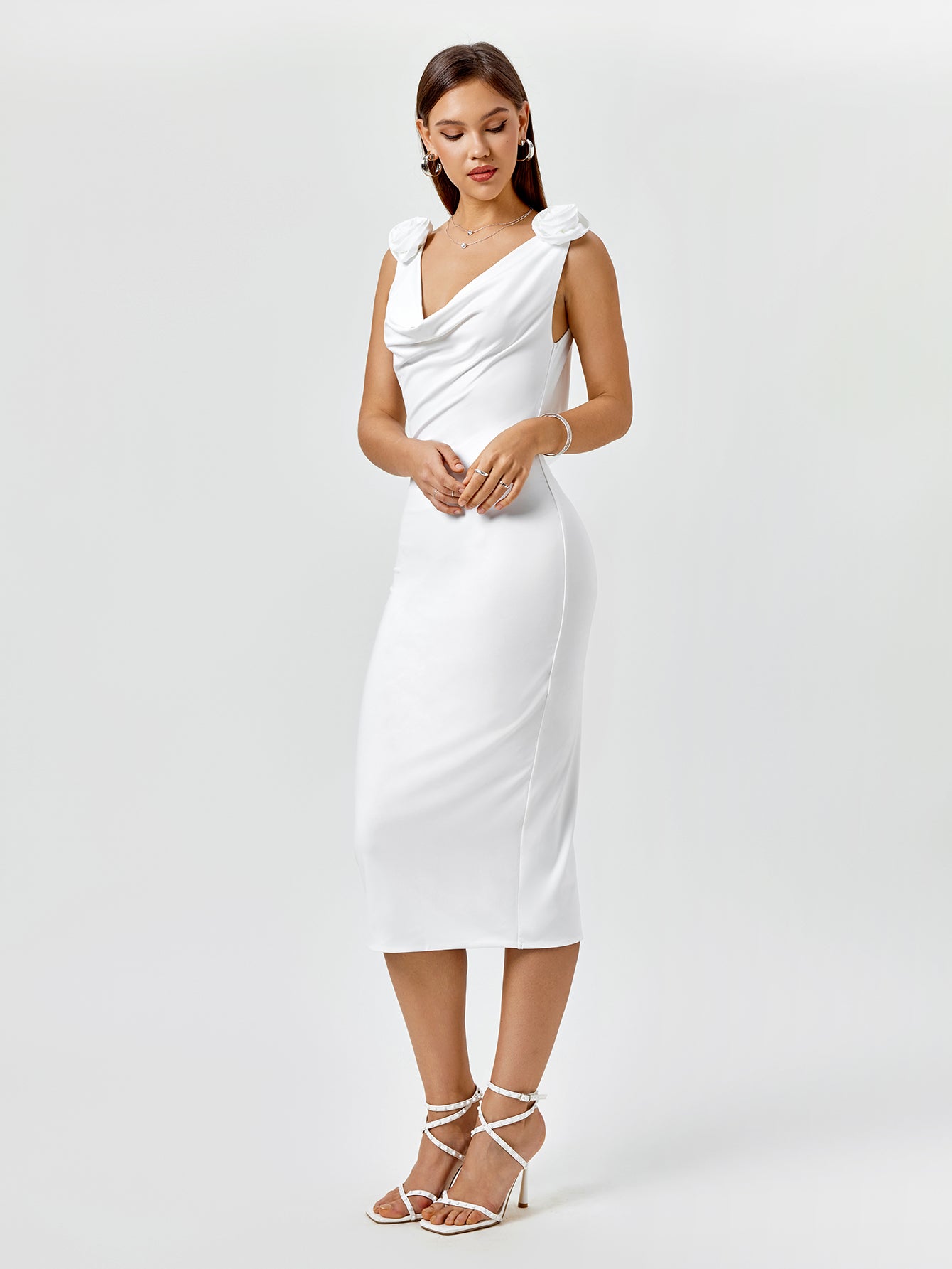 embellished draped back v-neck midi dress#color_white