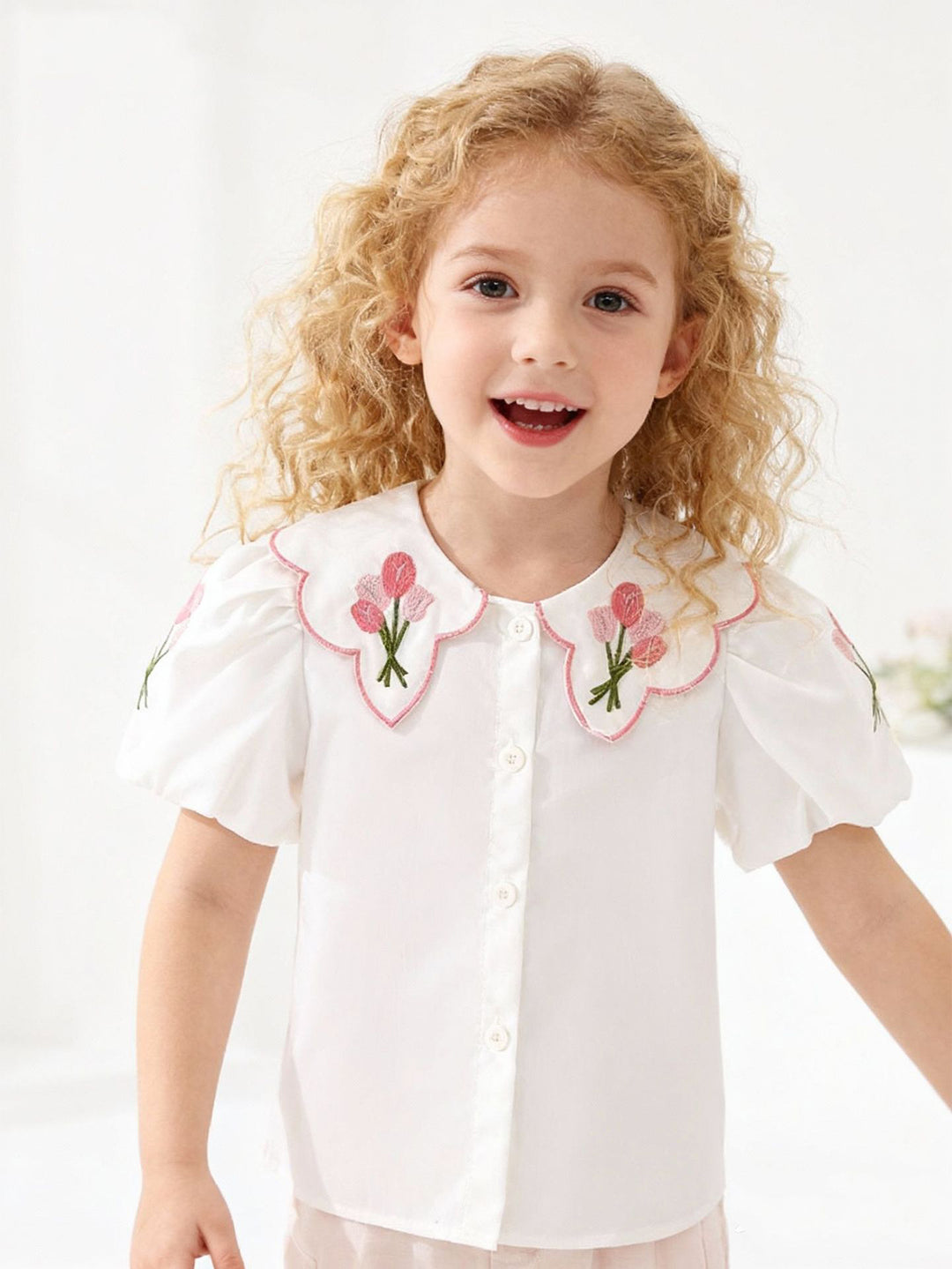 Floral Embroidered Button Front Children's Shirt‌#color_white