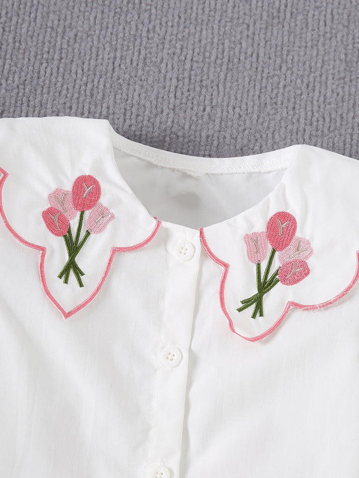 Embroidered Floral Button Front Children's Shirt‌#color_white