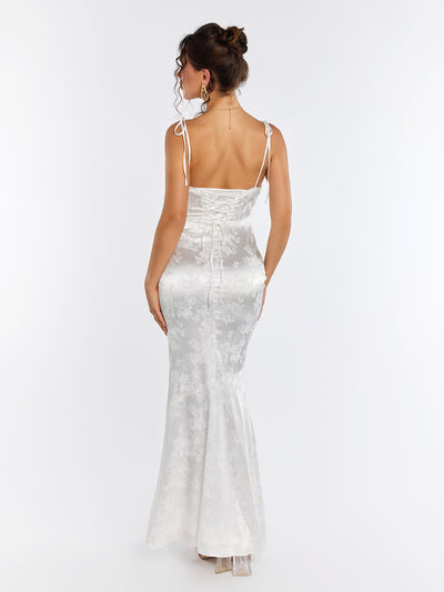 lace up floral jacquard backless split hem satin dress#color_white