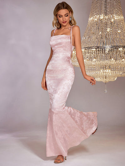 floral jacquard lace up backless split hem satin dress#color_pink