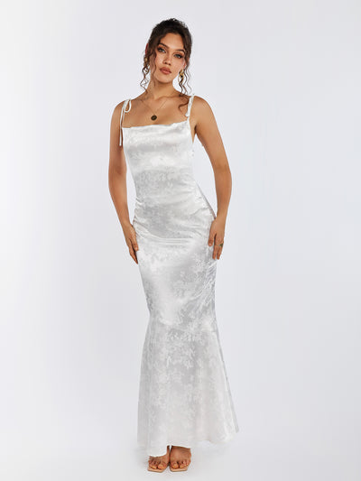 floral jacquard lace up backless split hem satin dress#color_white