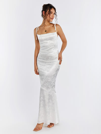 backless floral jacquard lace up split hem satin dress#color_white