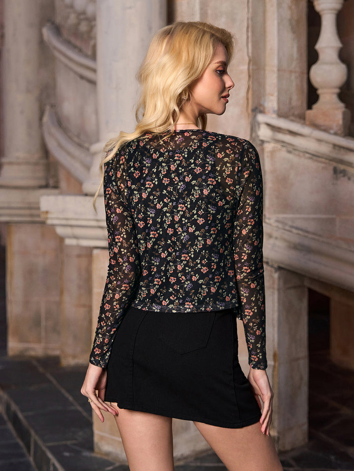 Floral Print Tank Mesh Top&Button Decoration Long Sleeve Cardigan Set#color_black