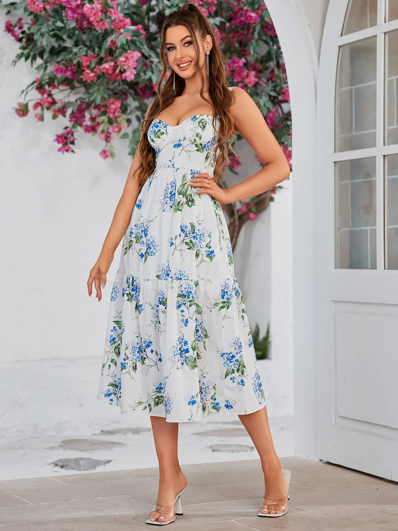 floral print ruffle hem bustier cami dress#color_white