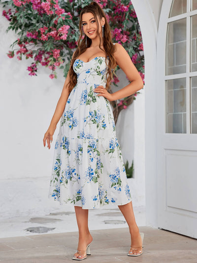 floral print ruffle hem bustier cami dress#color_white
