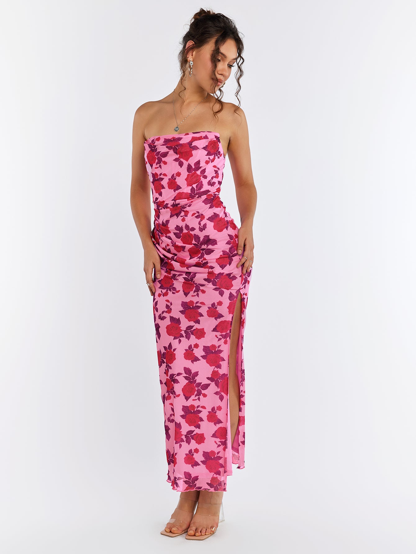 floral split hem tube backless bodycon dress#color_rose 