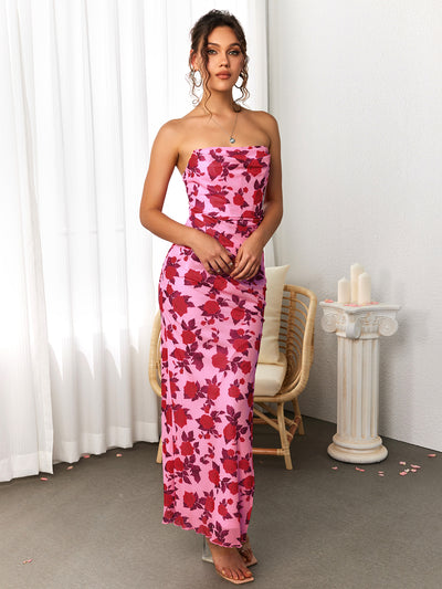 split hem floral tube bodycon dress#color_rose