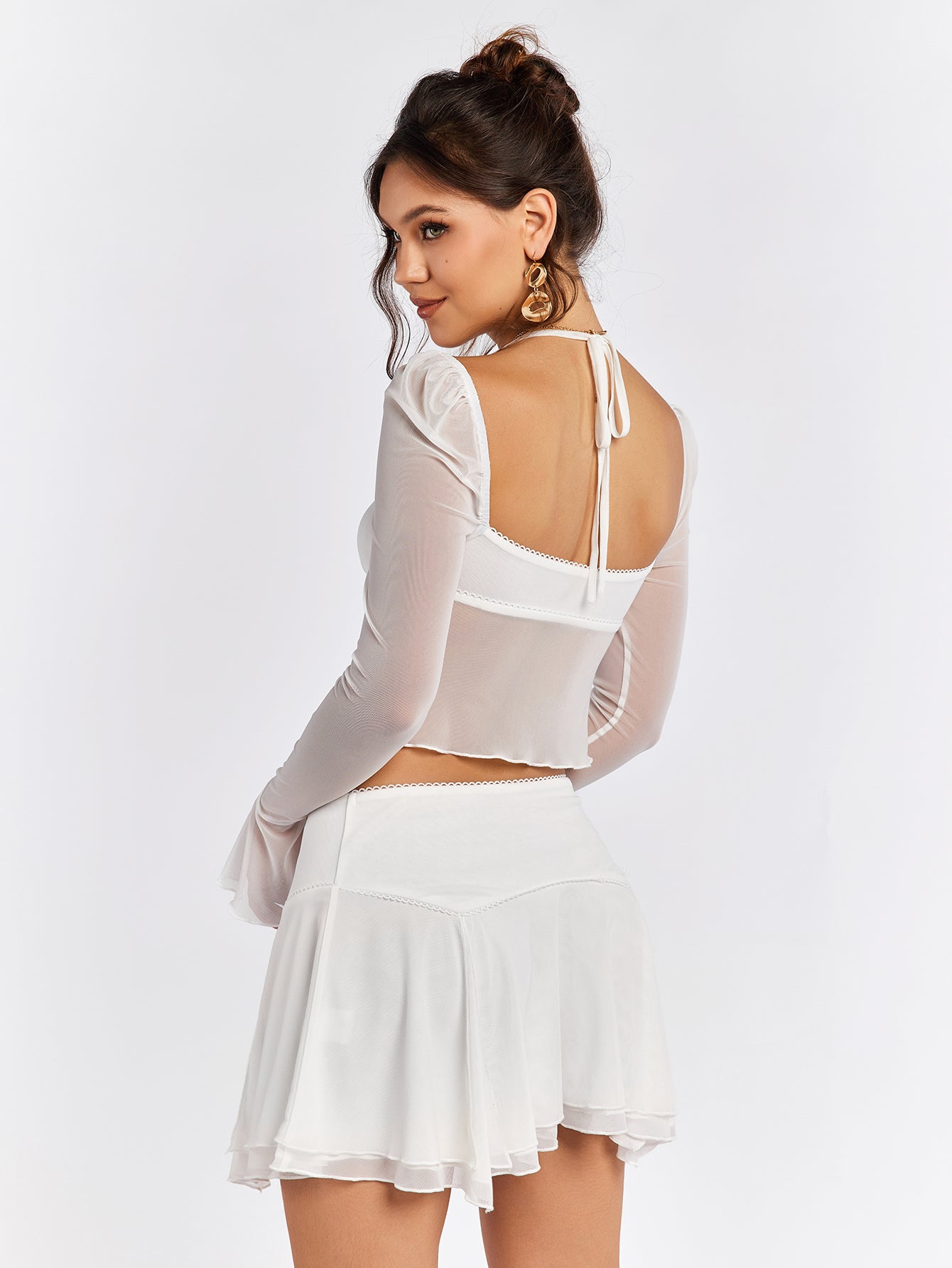 halter flounce sleeve mesh crop top&flared hem skirt#color_white