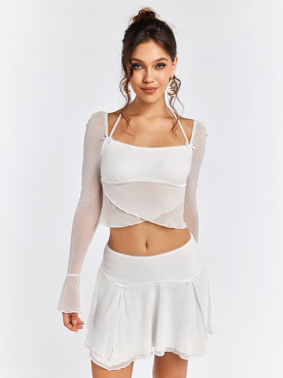 flounce sleeve halter mesh crop top&flared hem skirt#color_white