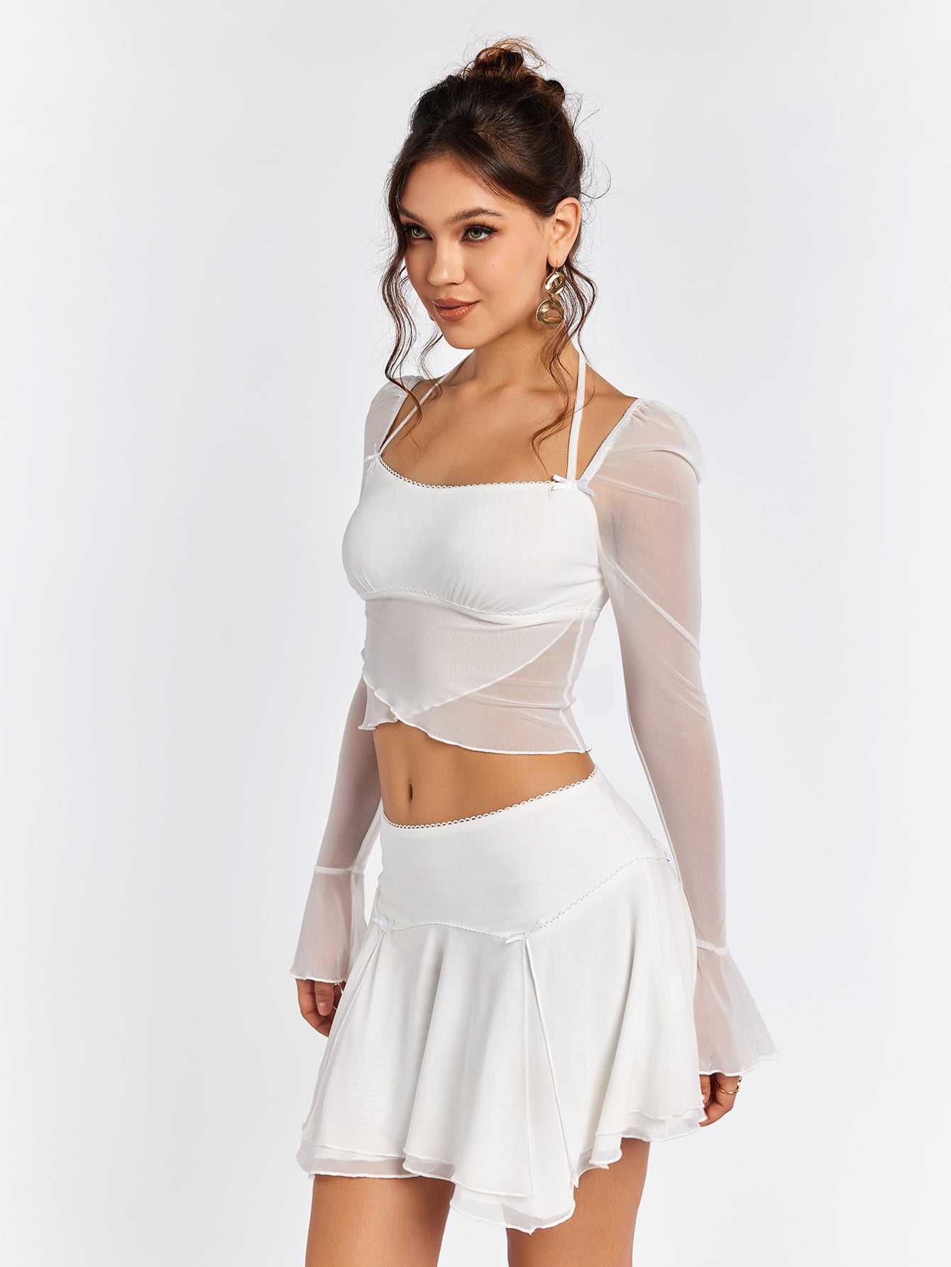 flounce sleeve mesh halter crop top&flared hem skirt#color_white