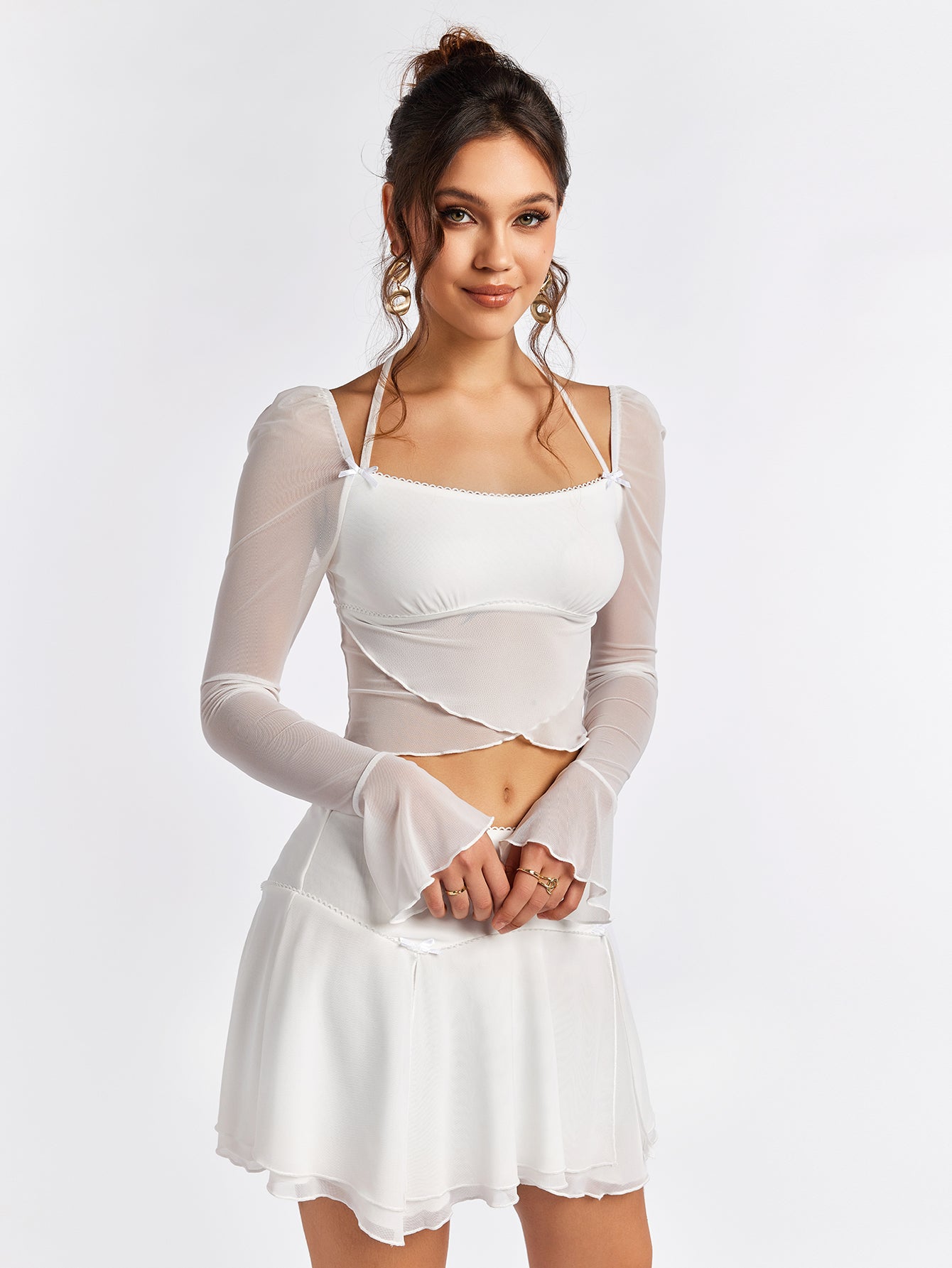 mesh flounce sleeve halter crop top&flared hem skirt#color_white