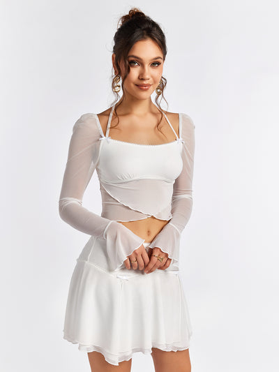 mesh flounce sleeve halter crop top&flared hem skirt#color_white