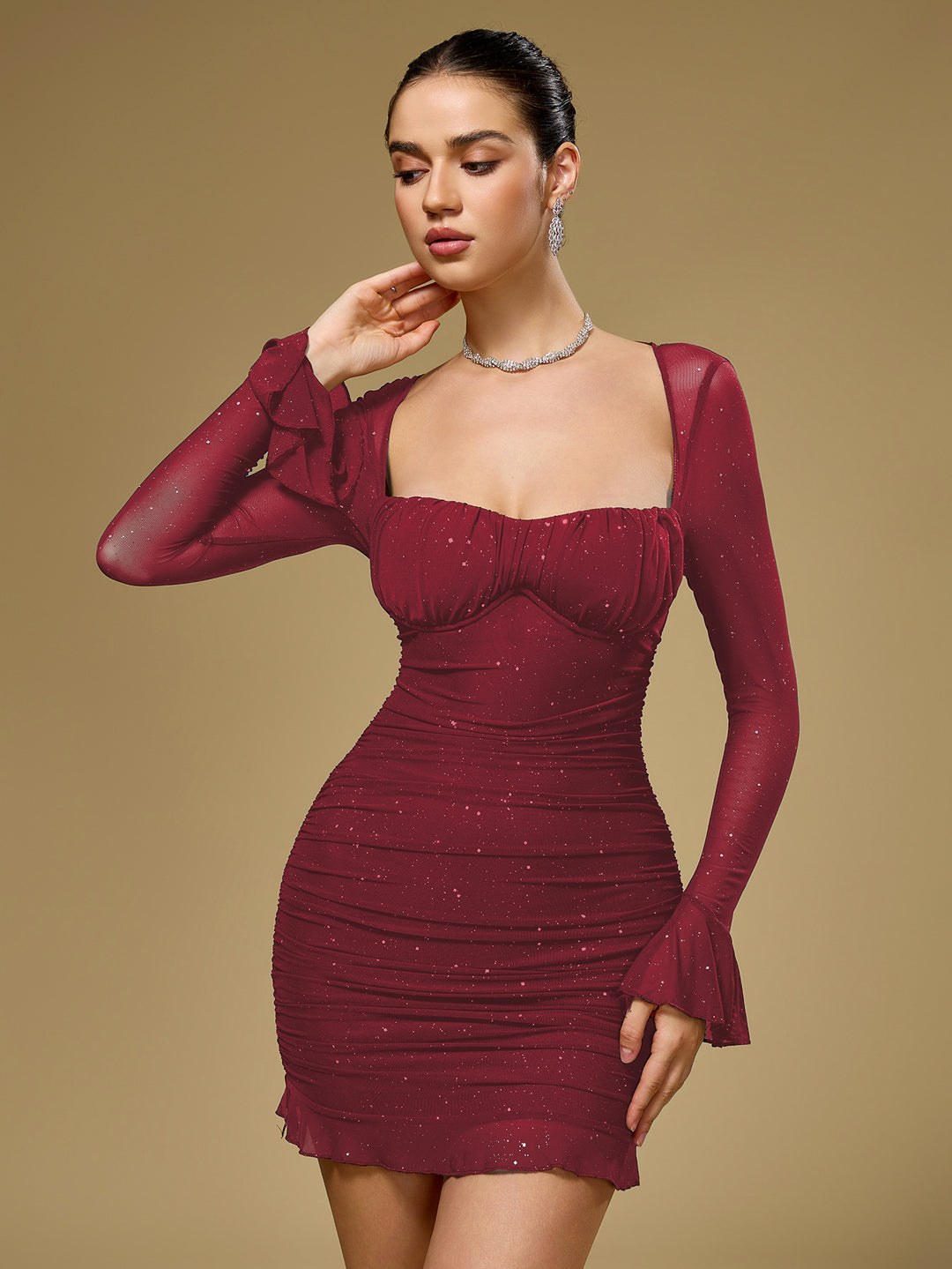 Mesh Flounce Sleeve Sparkly Mini Dress#color_wine
