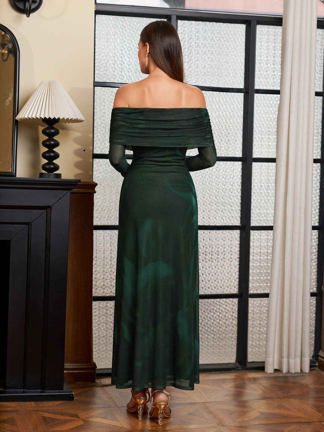 Flounce Off Sleeve Shoulder Mesh Bodycon Dress#color_greenfloral