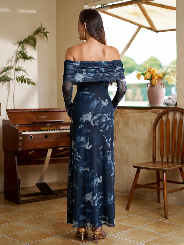 Flounce Off Sleeve Shoulder Mesh Bodycon Dress#color_blackfloral