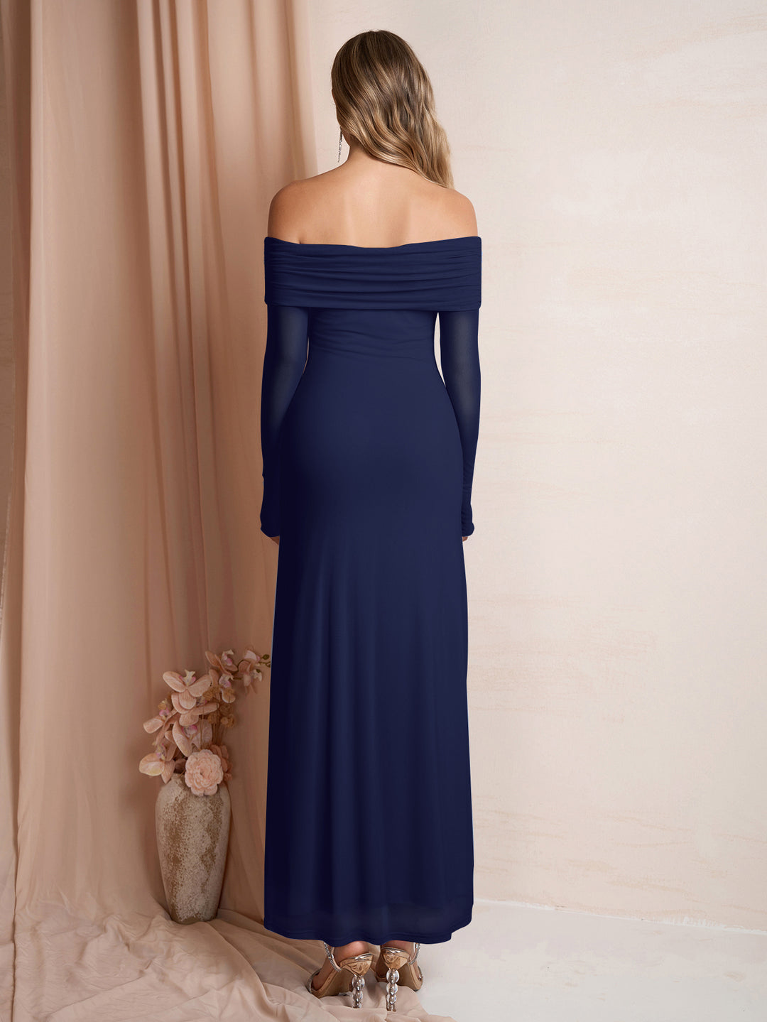 Sleeve Flounce Off Shoulder Mesh Bodycon Dress#color_navy