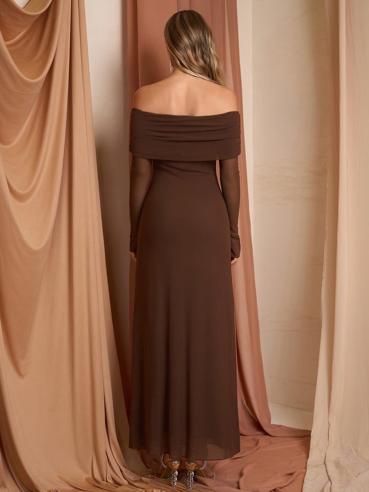 Flounce Sleeve Mesh Off Shoulder Bodycon Dress#color_brown