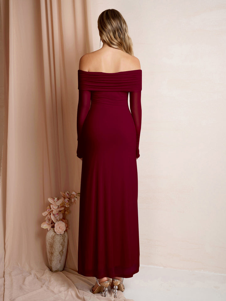 Flounce Sleeve Mesh Off Shoulder Bodycon Dress#color_burgundy