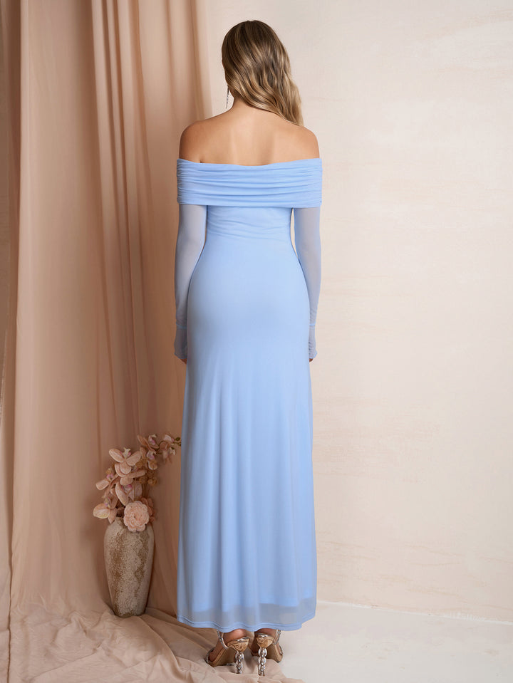 Flounce Sleeve Mesh Off Shoulder Bodycon Dress#color_blue