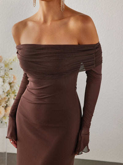 mesh off shoulder flounce sleeve bodycon dress#color_brown