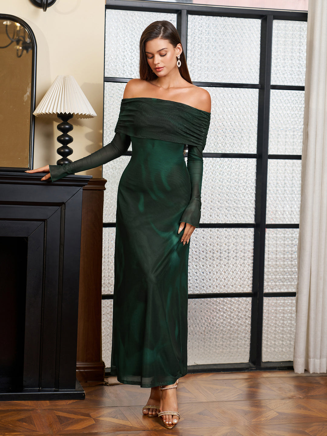 Off Sleeve Flounce Shoulder Mesh Bodycon Dress#color_greenfloral