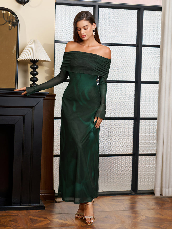 Off Sleeve Flounce Shoulder Mesh Bodycon Dress#color_greenfloral