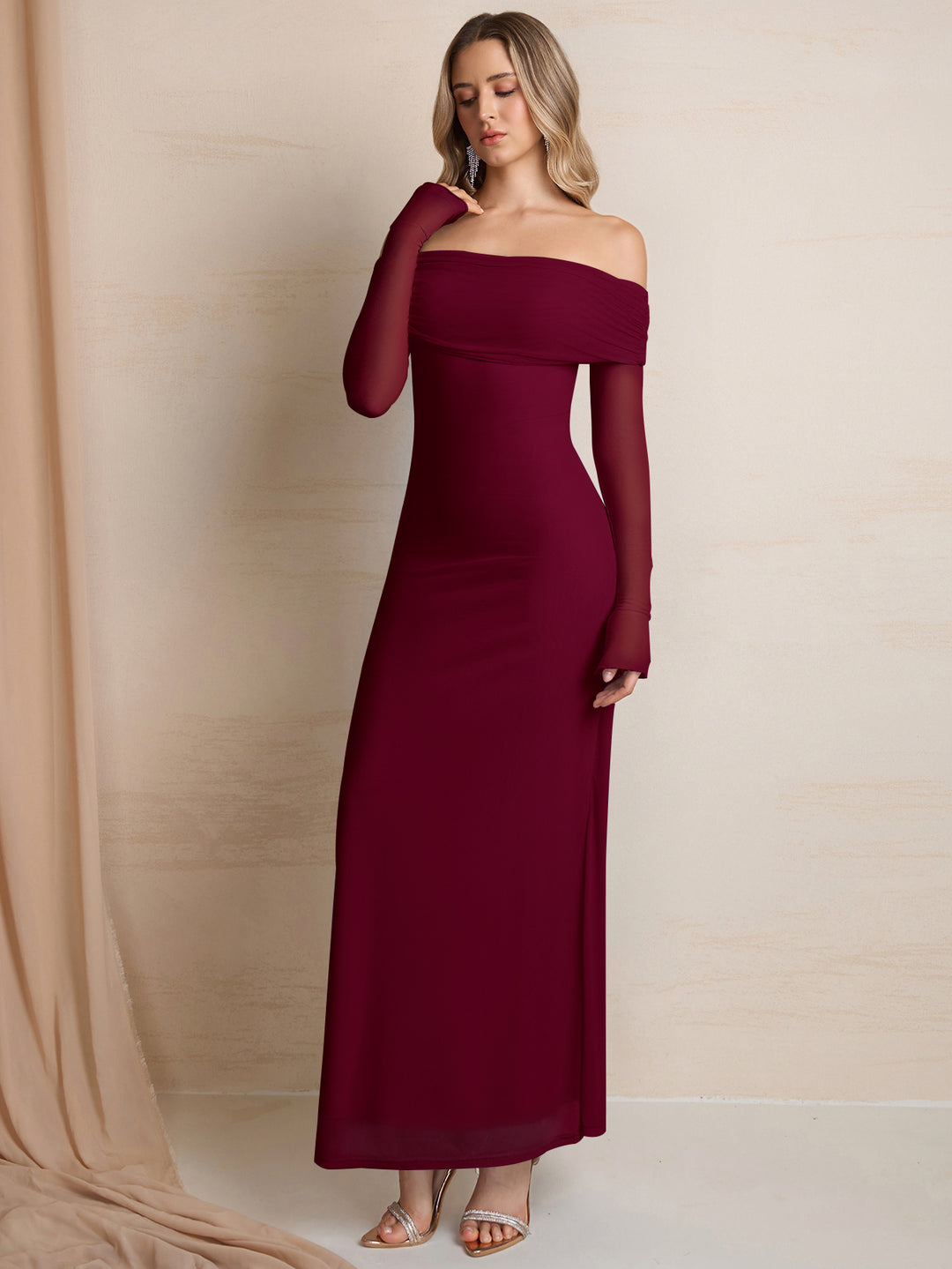 Mesh Off Shoulder Flounce Sleeve Bodycon Dress#color_burgundy