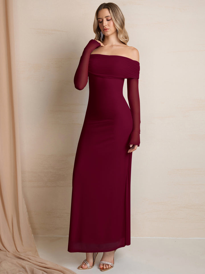 Mesh Off Shoulder Flounce Sleeve Bodycon Dress#color_burgundy