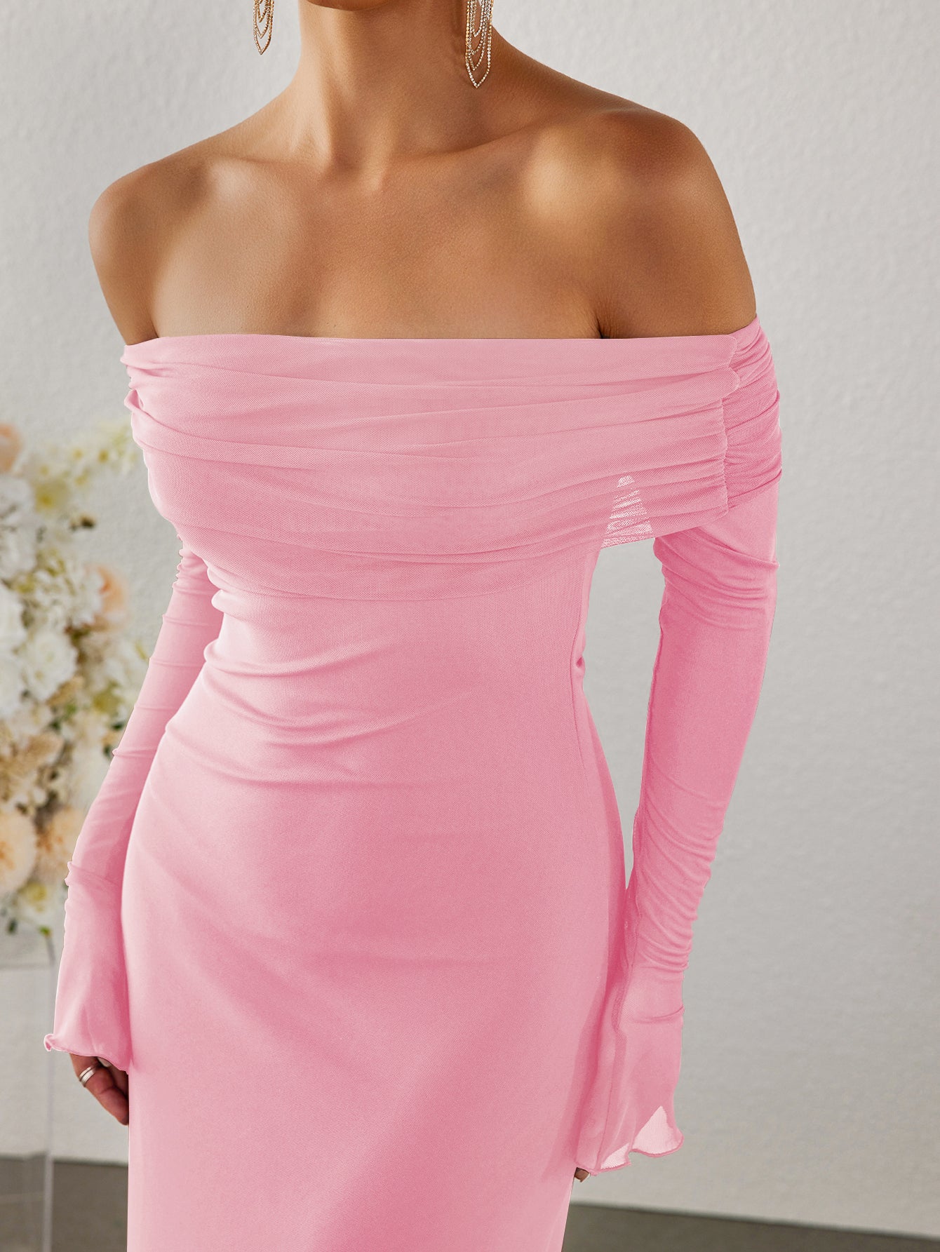 mesh off shoulder flounce sleeve bodycon dress#color_pink