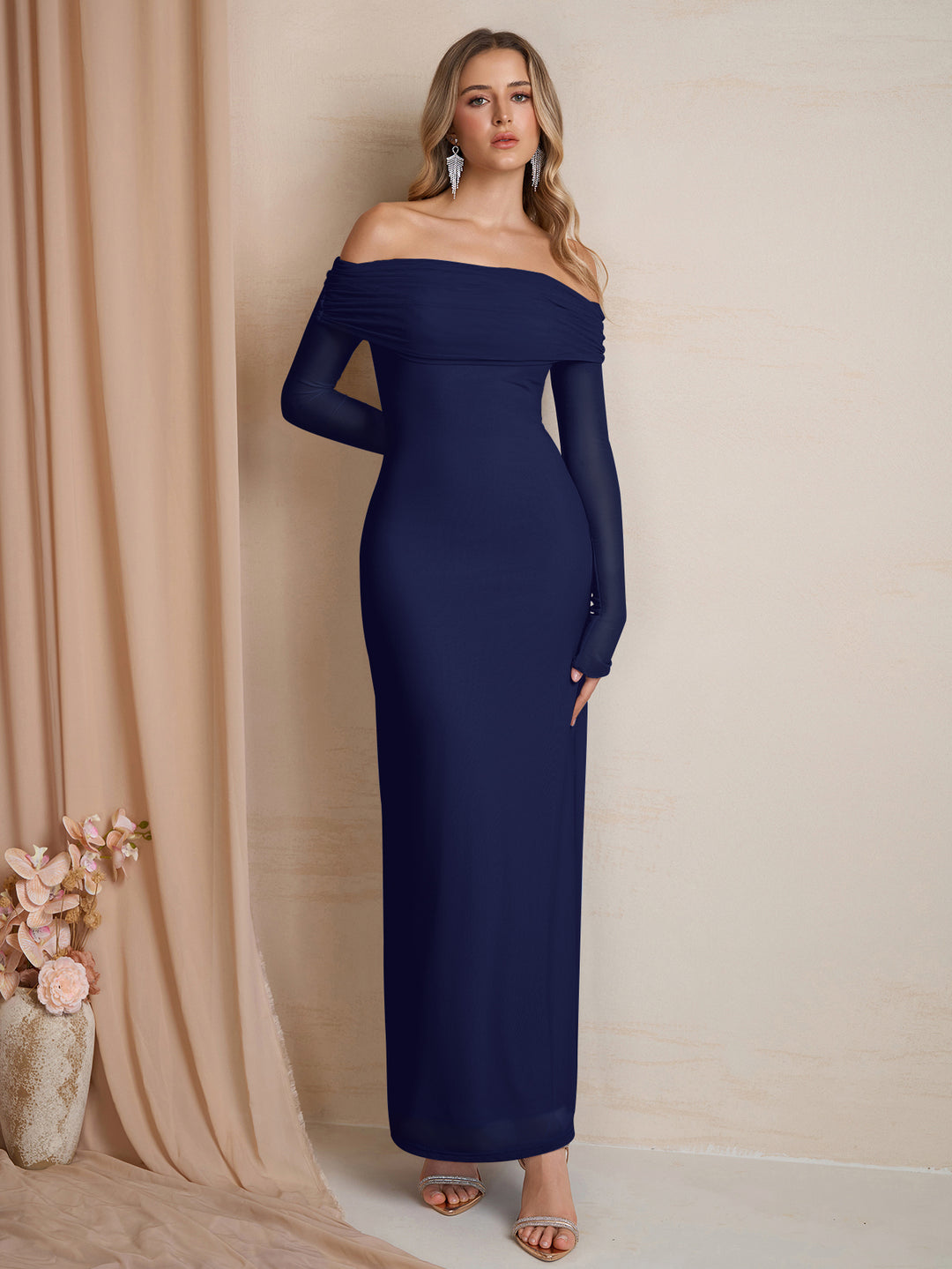 Off Flounce Sleeve Shoulder Mesh Bodycon Dress#color_navy