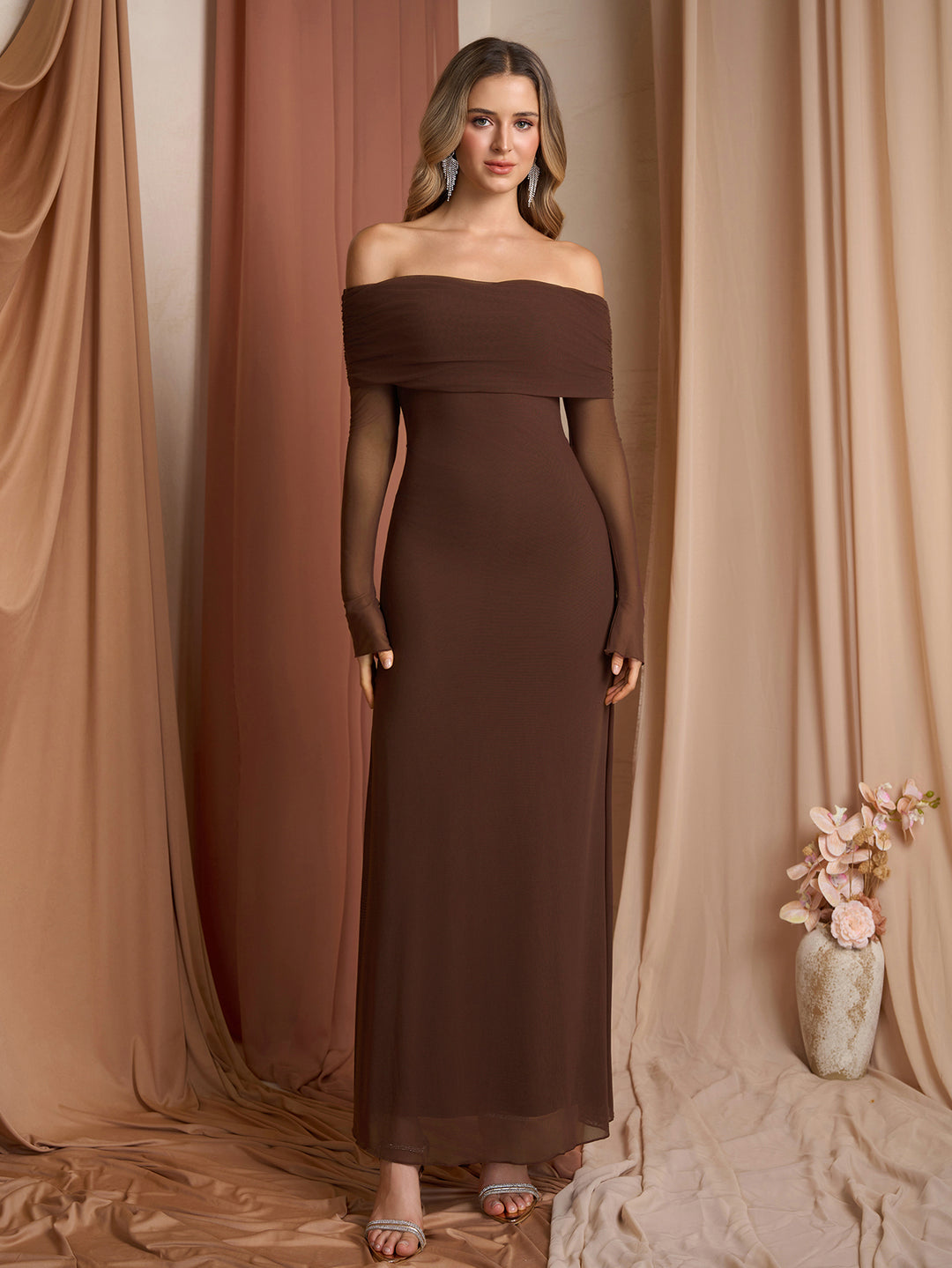Mesh Flounce Sleeve Off Shoulder Bodycon Dress#color_brown