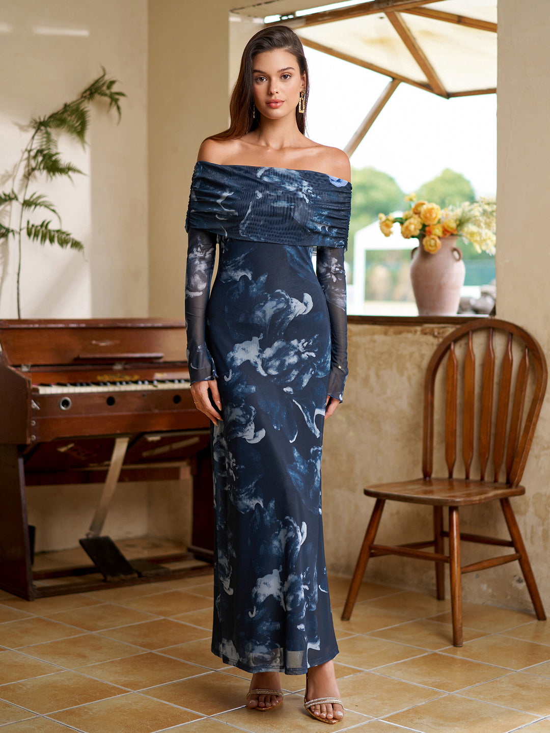 Flounce Sleeve Off Shoulder Mesh Bodycon Dress#color_blackfloral