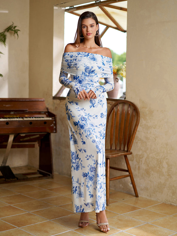 Flounce Sleeve Off Shoulder Mesh Bodycon Dress#color_bluefloral