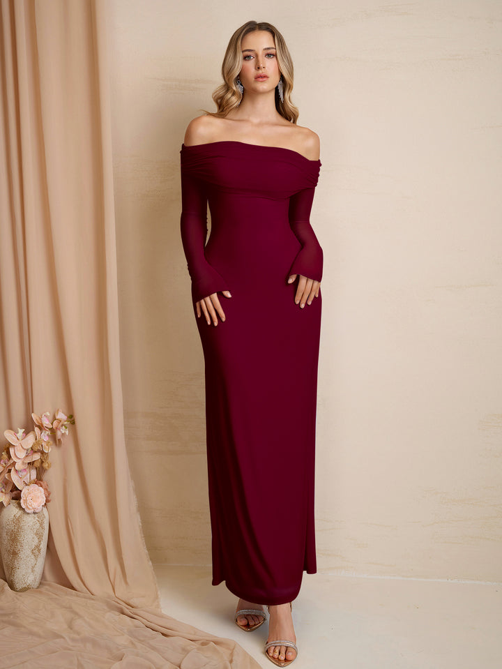 Flounce Sleeve Off Shoulder Mesh Bodycon Dress#color_burgundy