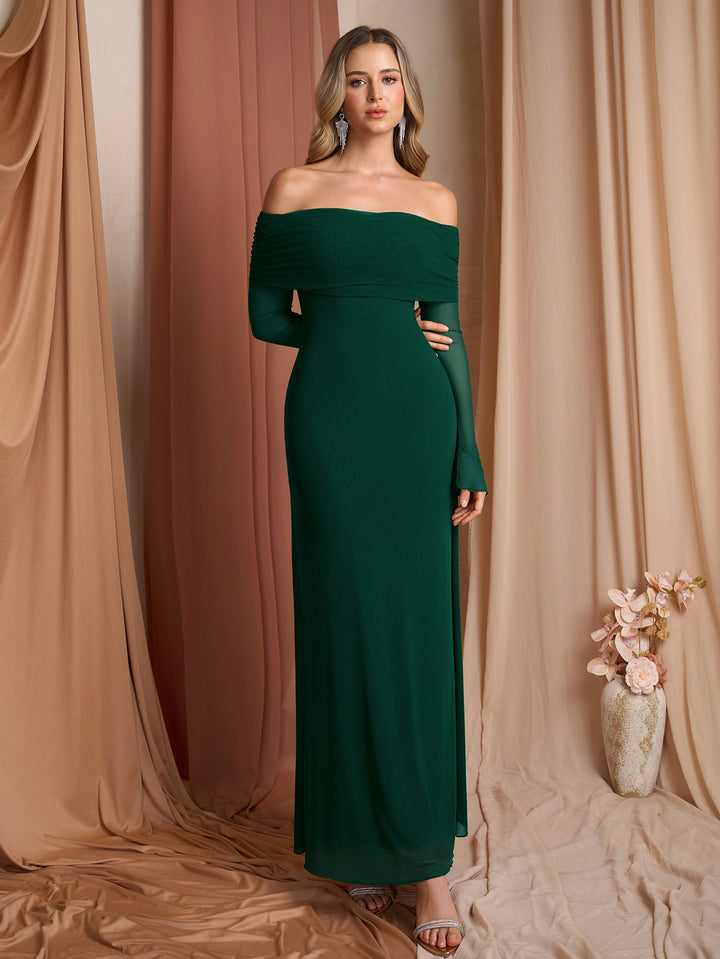 Flounce Sleeve Off Shoulder Mesh Bodycon Dress#color_darkgreen