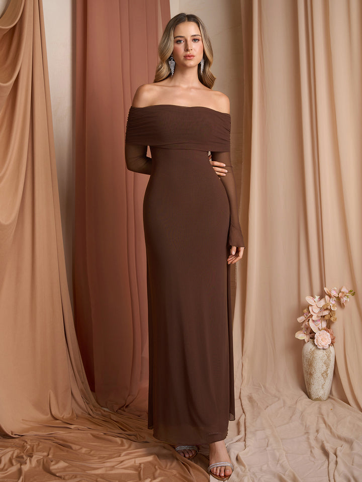 Flounce Sleeve Off Shoulder Mesh Bodycon Dress#color_brown