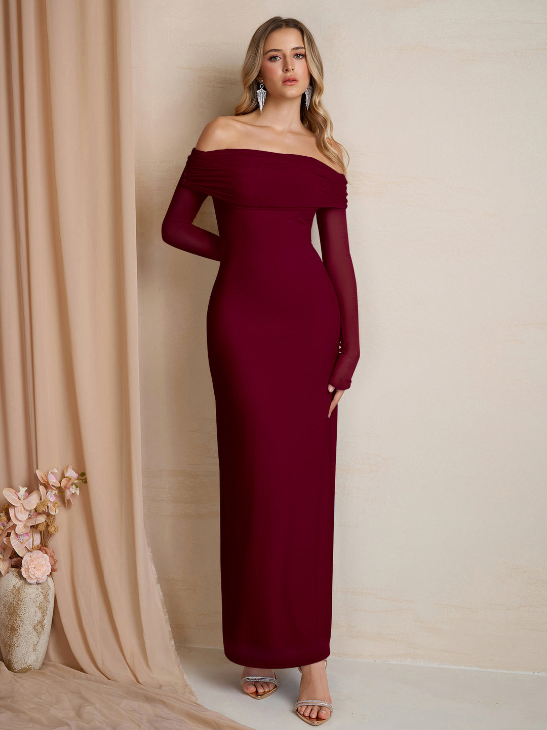 Off Shoulder Mesh Flounce Sleeve Bodycon Dress#color_burgundy