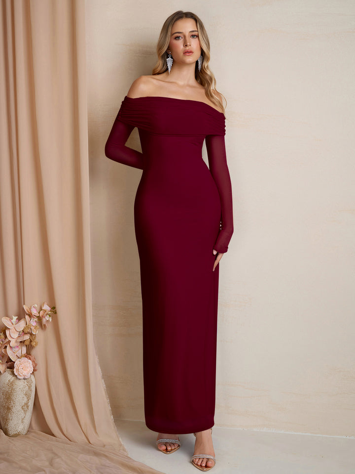 Off Shoulder Mesh Flounce Sleeve Bodycon Dress#color_burgundy