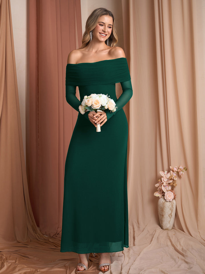 Off Shoulder Mesh Flounce Sleeve Bodycon Dress#color_darkgreen