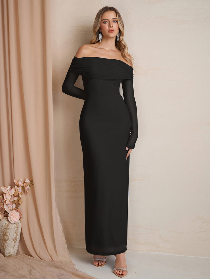 Off Shoulder Mesh Flounce Sleeve Bodycon Dress#color_black