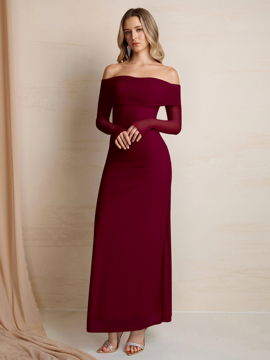 Off Shoulder Flounce Sleeve Mesh Bodycon Dress#color_burgundy
