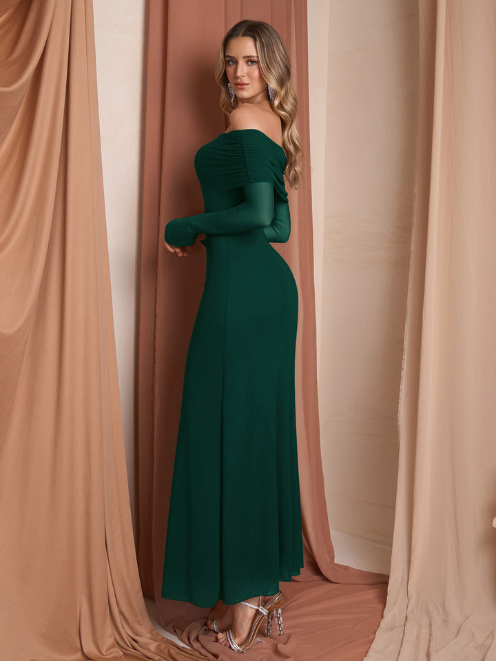Off Shoulder Flounce Sleeve Mesh Bodycon Dress#color_darkgreen