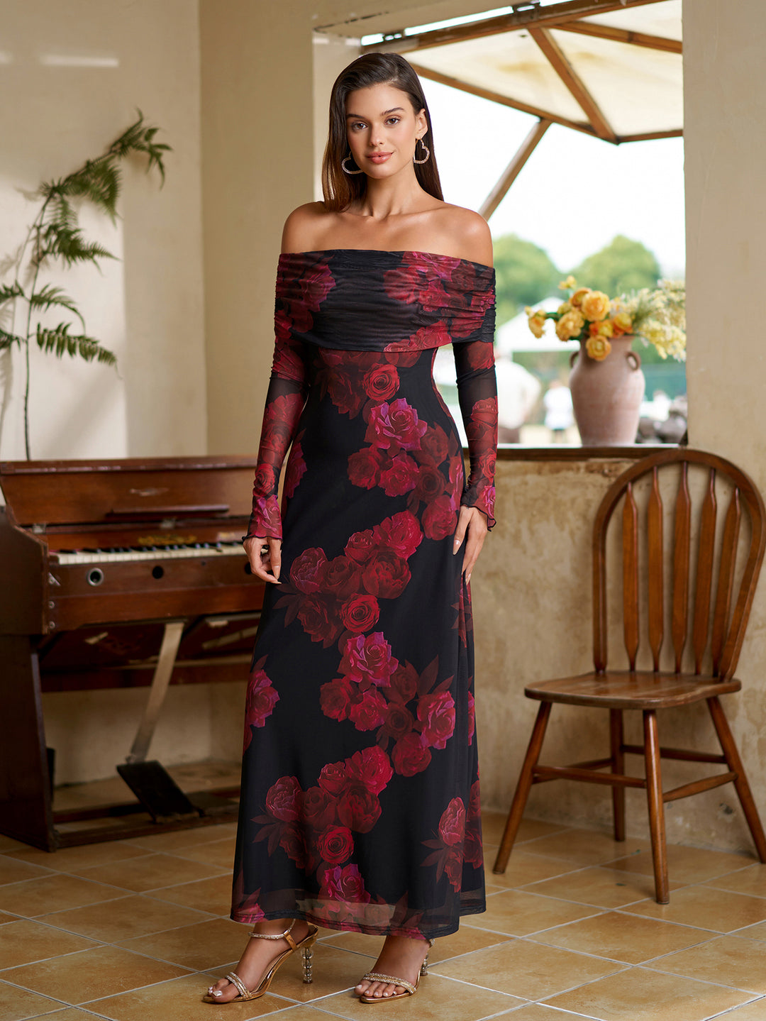 Off Shoulder Flounce Sleeve Mesh Bodycon Dress